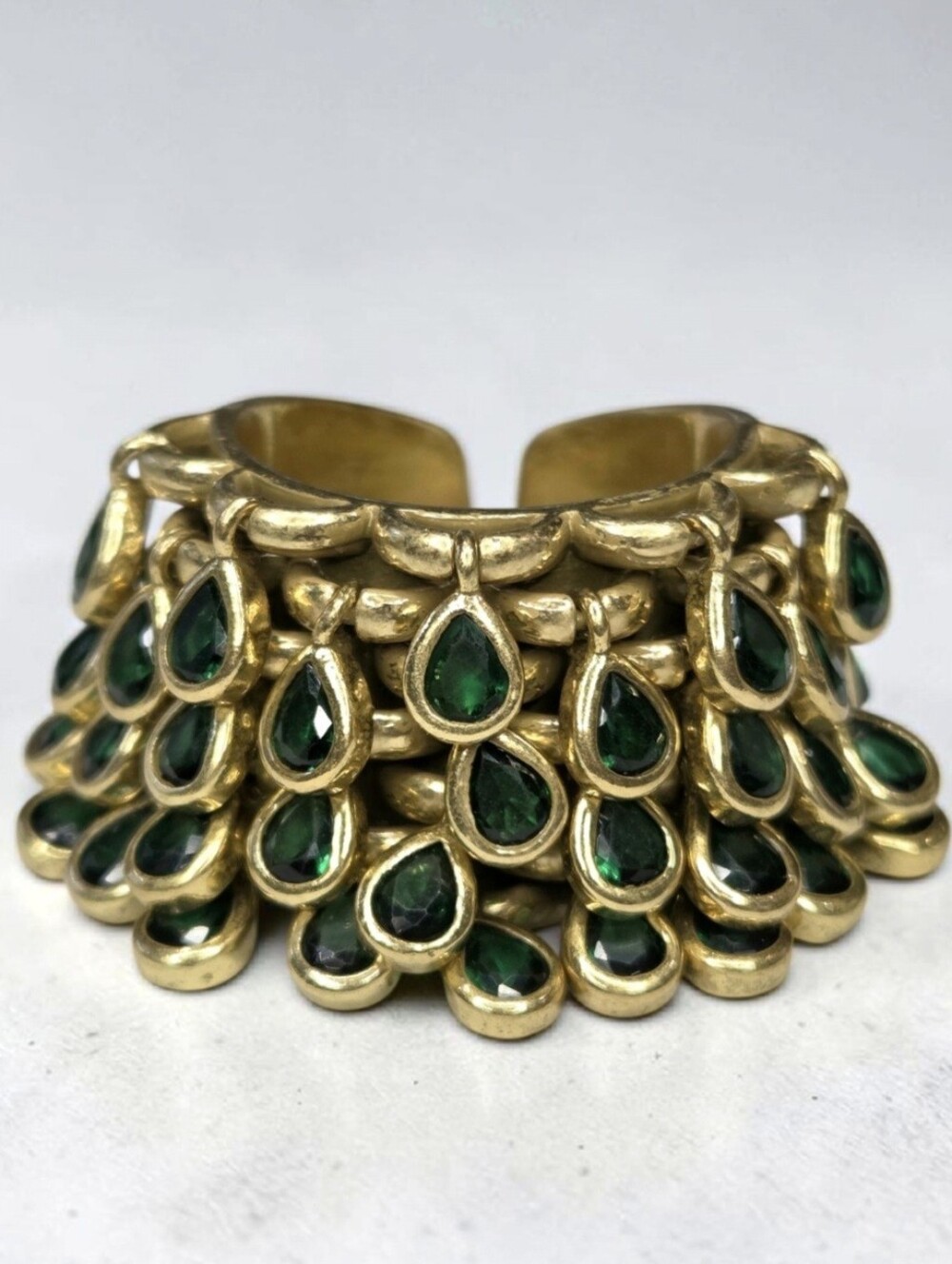 Insane Antique Gold Plated Emerald Teardrop Crystal Wide Band Statement Ring